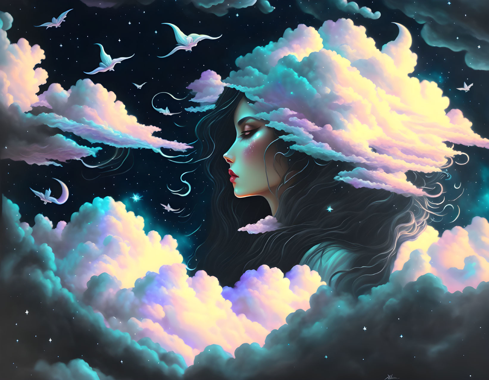 Woman's profile merged with cosmic sky and birds in digital artwork