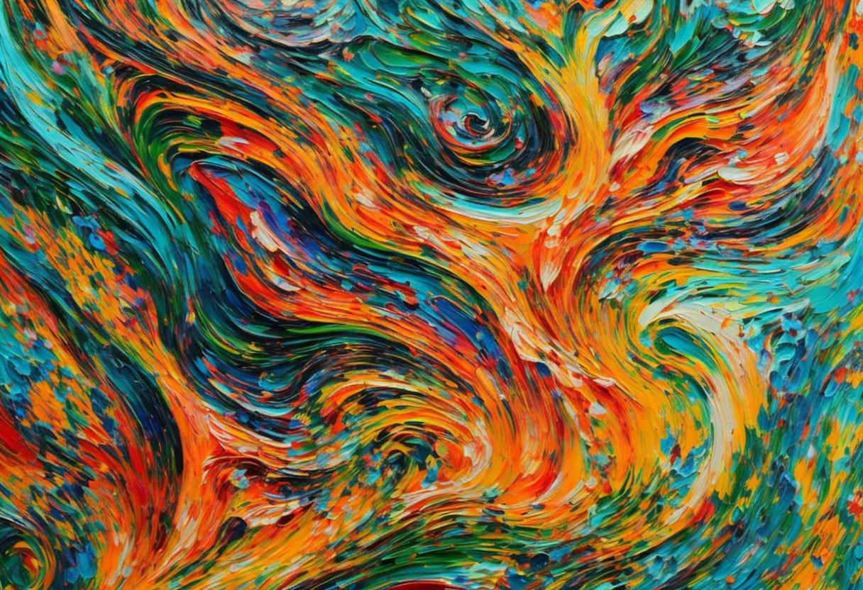 Colorful Swirling Abstract Painting with Blue, Red, Orange, and Green Hues