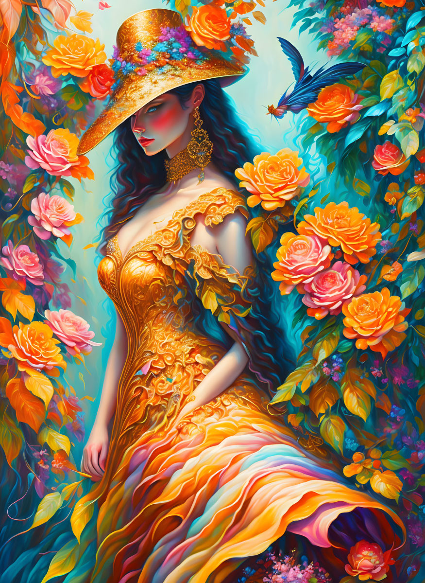 Colorful illustration: Woman in yellow dress with floral motifs, wide-brimmed hat, blue bird