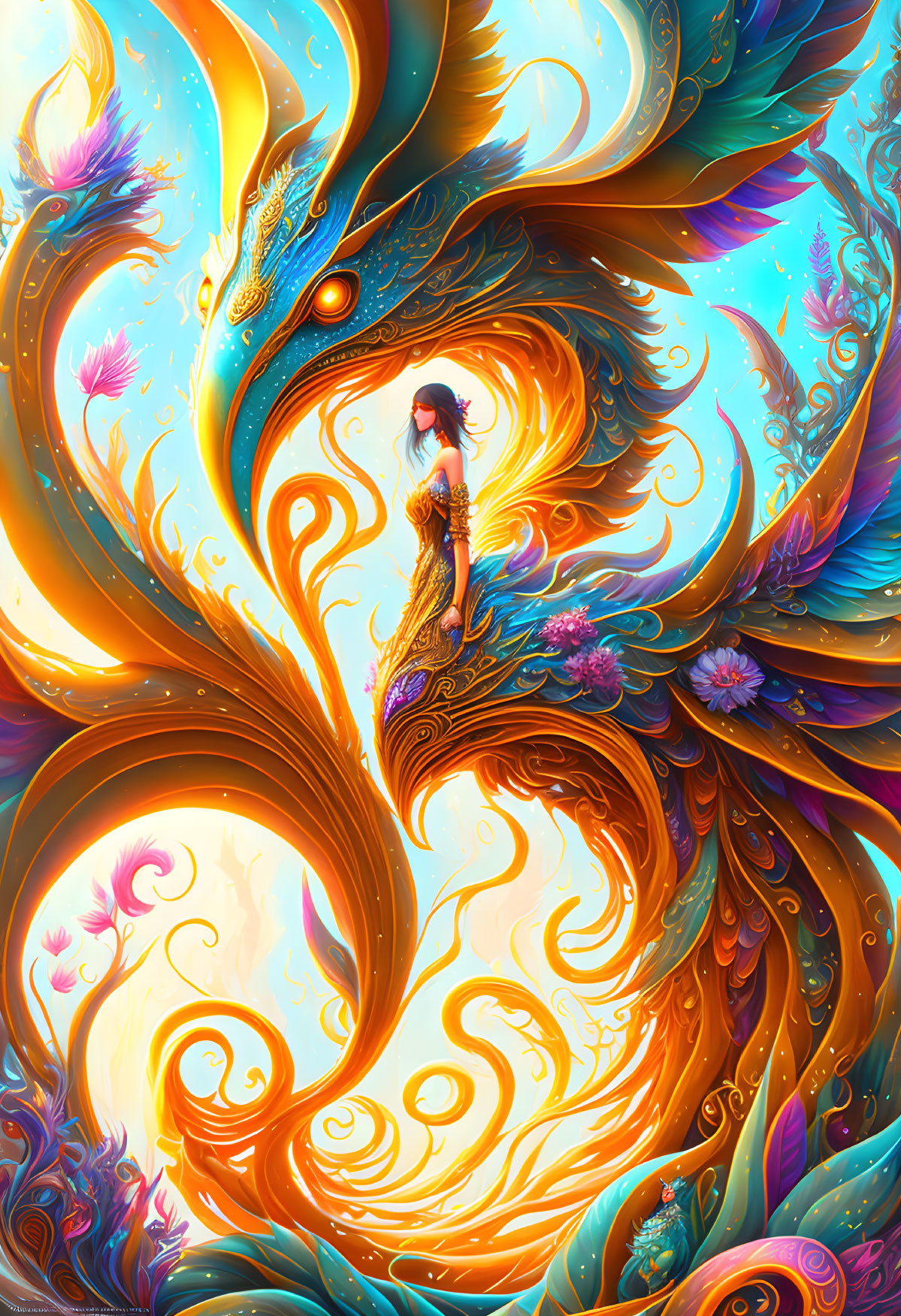 Woman in flowing dress surrounded by vibrant dragon and floral patterns