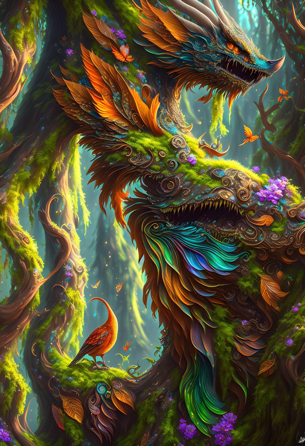 Mythical dragon in lush forest with vibrant foliage and bird