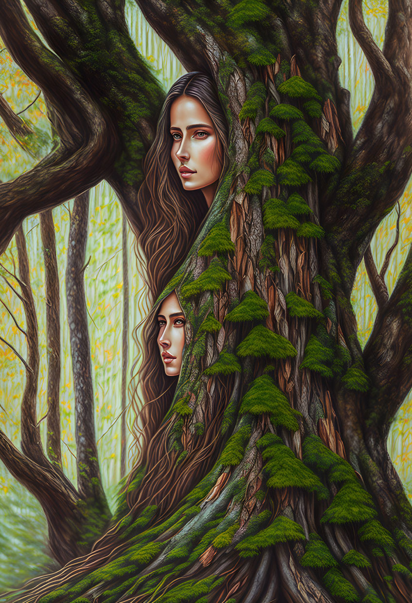 Women's faces blend with tree trunk in forest with moss and bark textures.