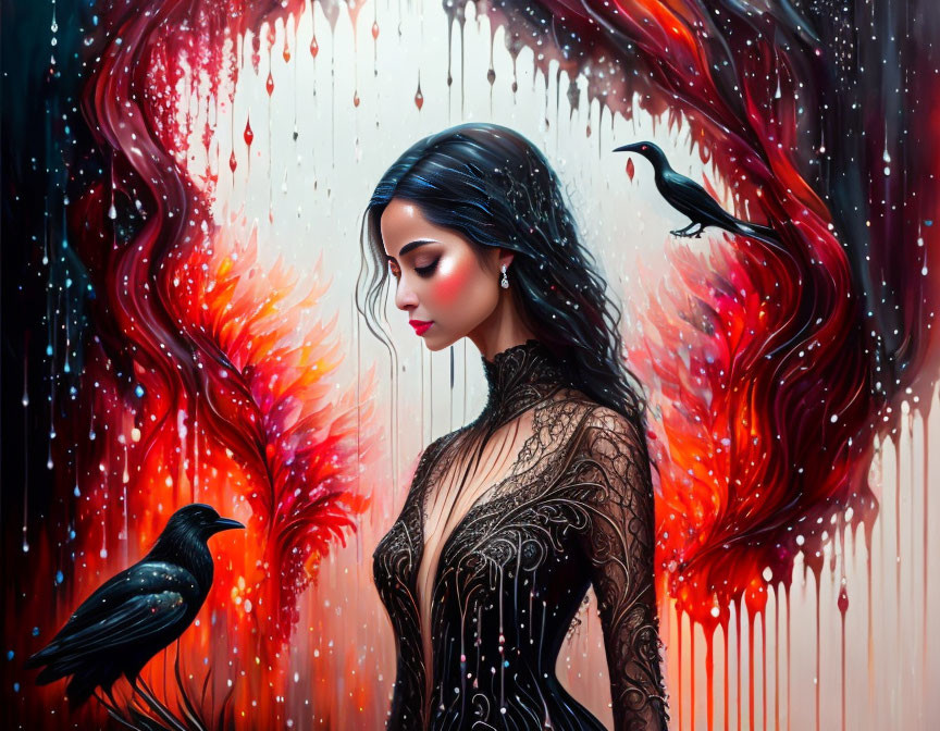 Dark-haired woman in gothic portrait with fiery backdrop and black ravens