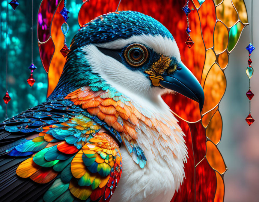 Vibrant blue, orange, and yellow bird on red and blue backdrop with hanging beads
