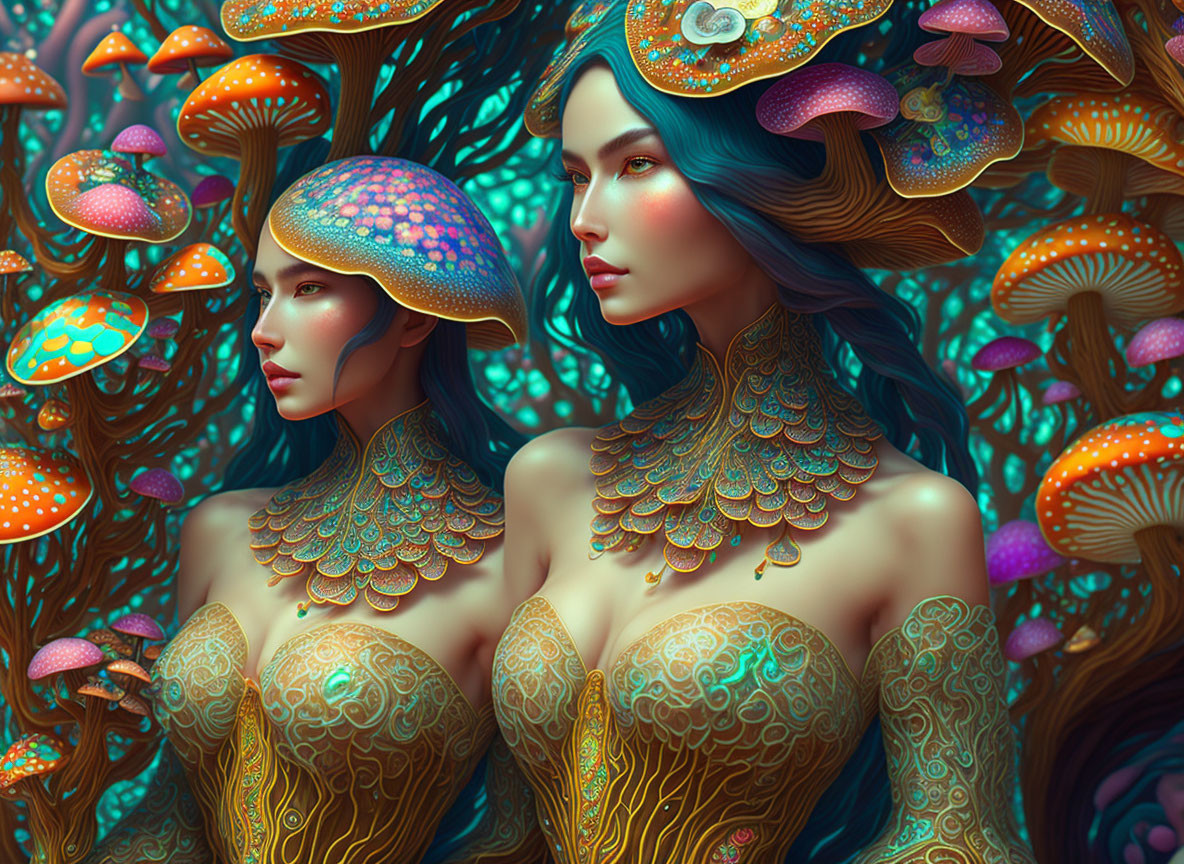 Two women in mushroom cap-like headdresses in a vibrant forest.