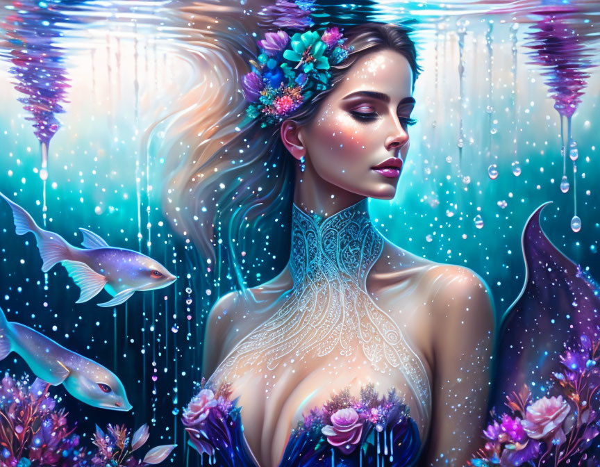 Ethereal woman with floral body art in underwater scene