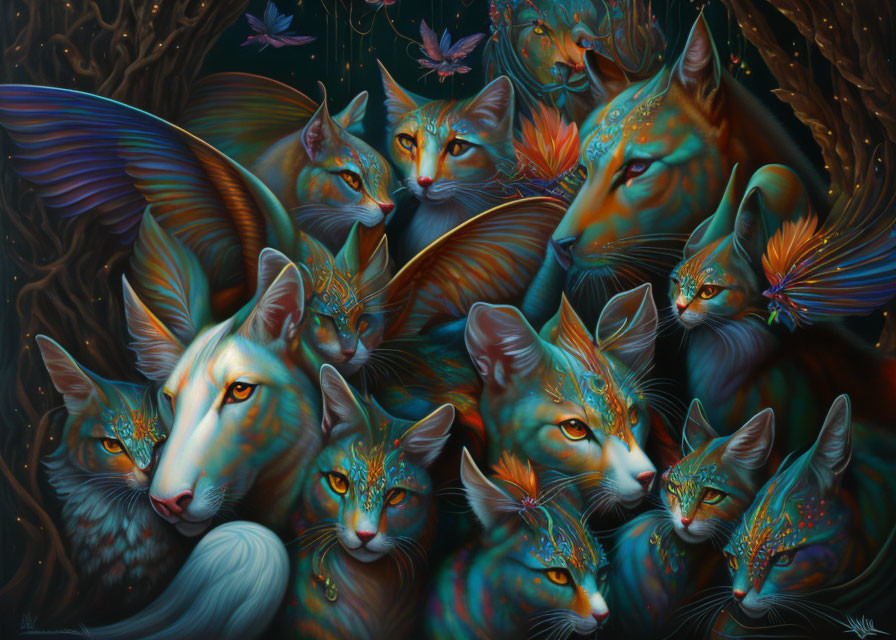 Mystical painting featuring cat-like creatures, wolves, leaf patterns, and feathers in autumnal colors
