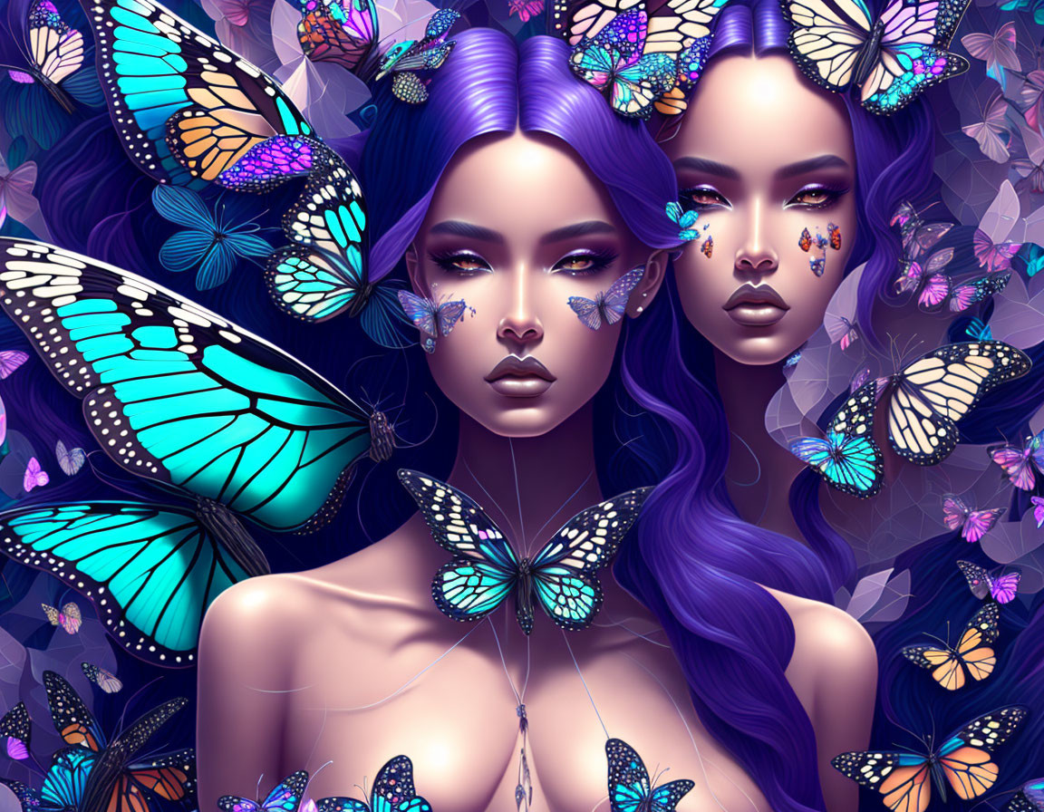 Vibrant purple-haired women with butterflies in floral setting