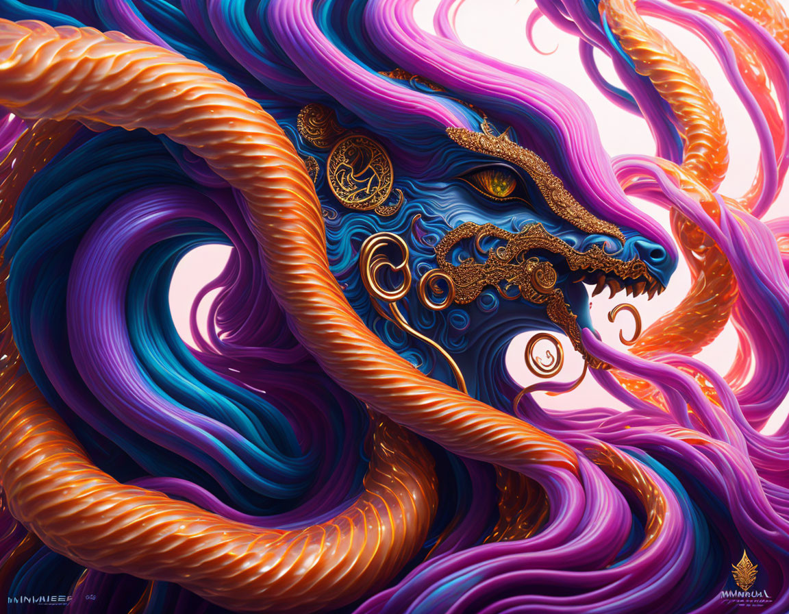 Vibrant digital artwork: stylized dragon with orange, purple tendrils, gold detailing