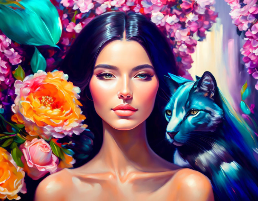 Striking Woman and Colorful Cat in Vibrant Floral Setting