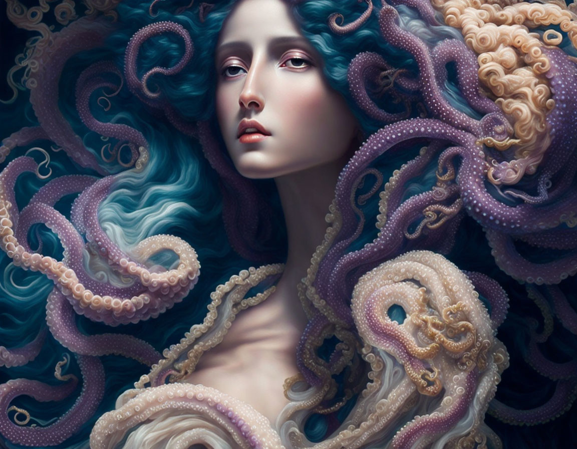 Pale-skinned woman merging with octopus tentacles in dreamy illustration