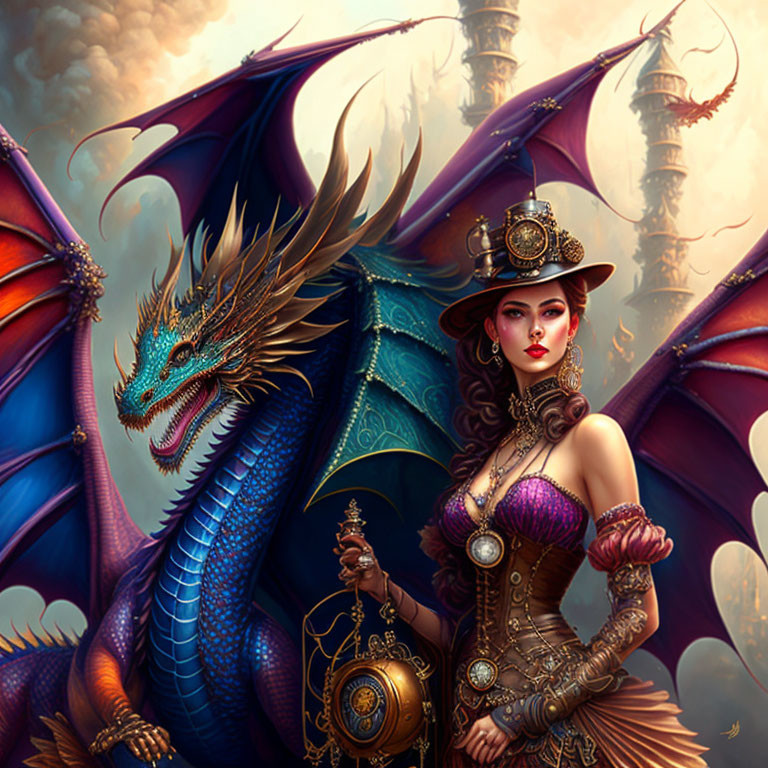 Steampunk woman with top hat and blue dragon in industrial setting