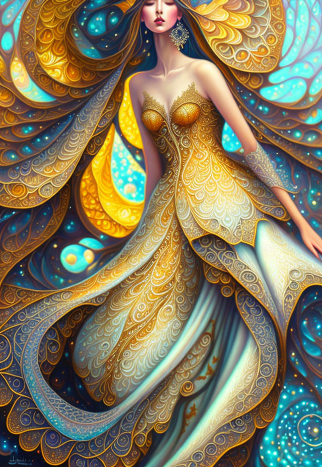 Illustrated woman in ornate gown against cosmic backdrop