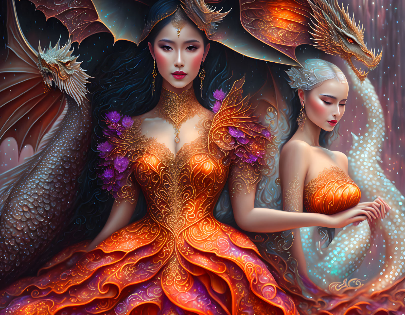 Ethereal women in dragon-themed attire with mystical backgrounds