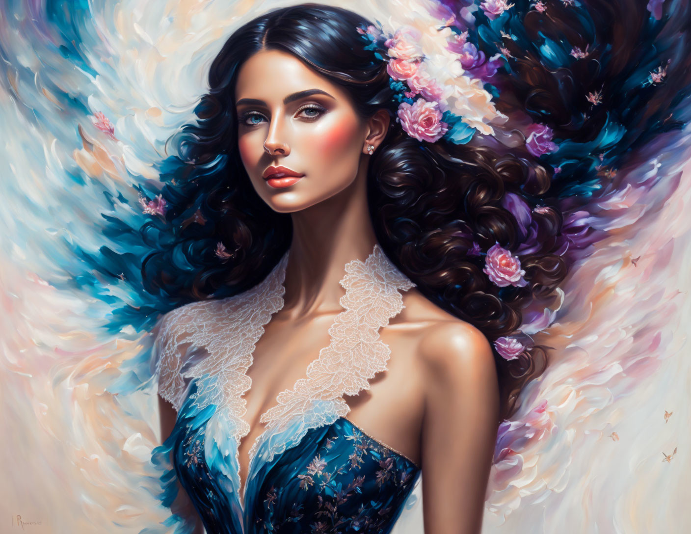 Digital painting of woman with flowing hair and roses, lace collar dress, dreamy background