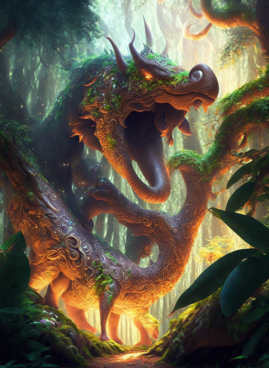 Ornate patterned dragon in mystical forest under warm sunlight