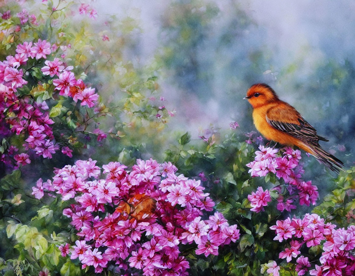 Orange Bird Among Pink Flowers and Green Foliage in Painterly Style