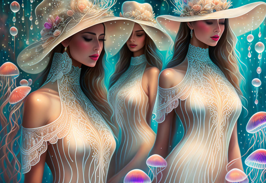 Ethereal women with flowing hair and wide-brimmed hats in underwater scene