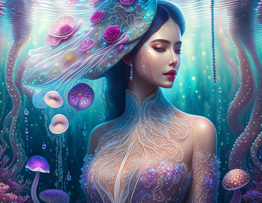 Vibrant digital artwork of woman with jellyfish in flowing hair