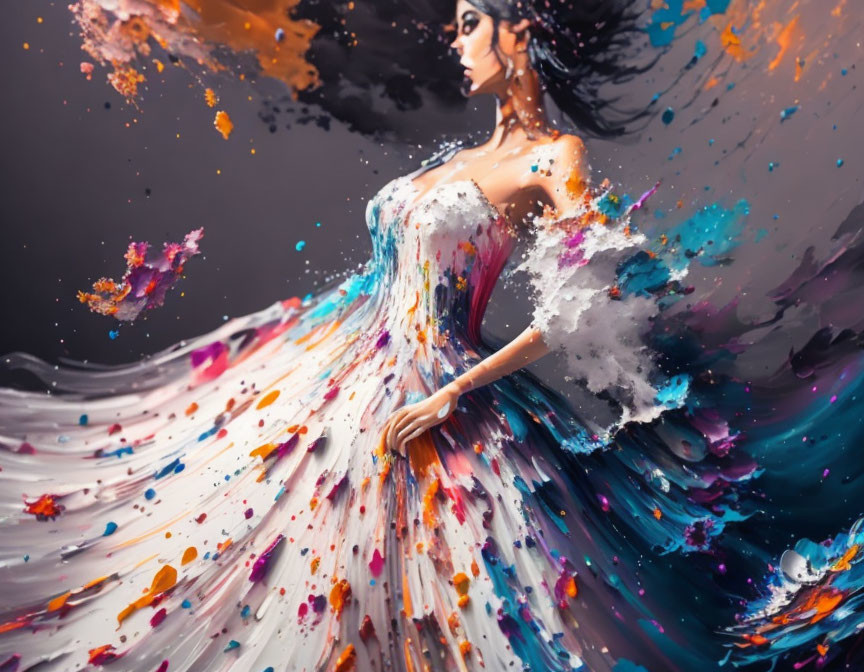 Vibrant paint transforms woman in flowing dress