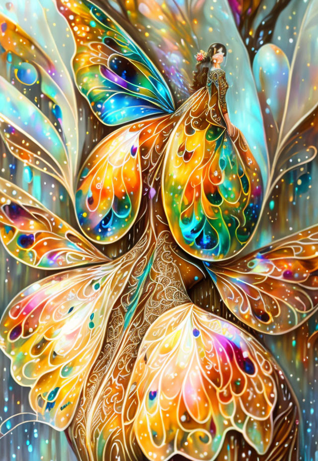 Colorful illustration of person with ornate peacock tail on shimmering background