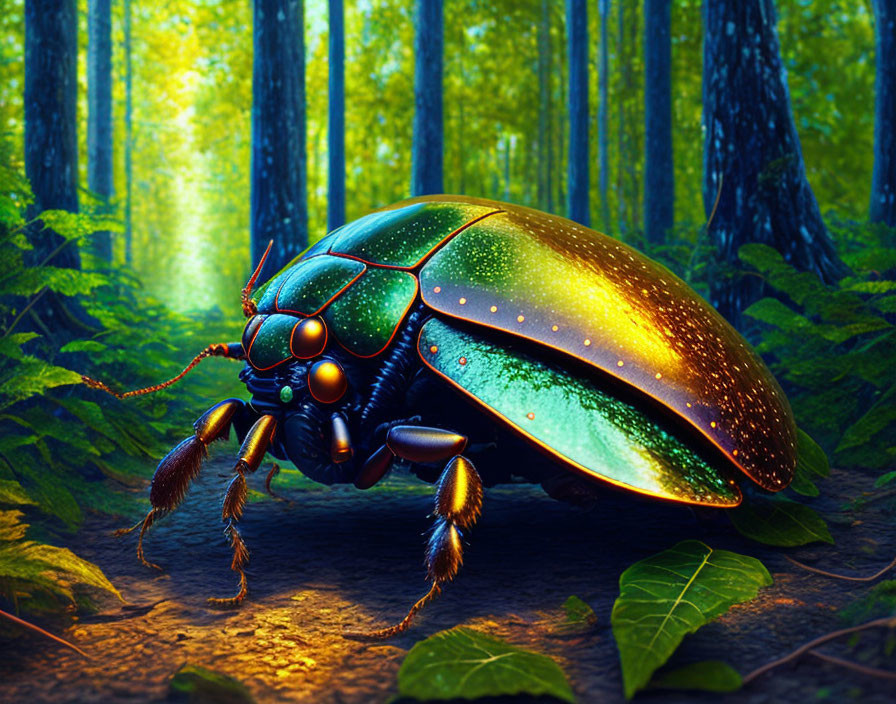 Colorful beetle exploring lush forest floor under golden sunlight