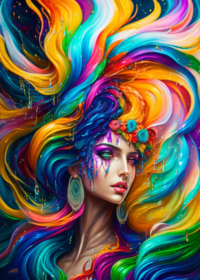 Colorful portrait of woman with flowing mane and decorative flowers in hair