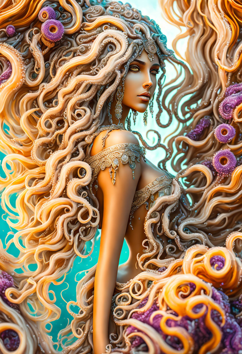 Fantastical female figure with flowing hair and tentacles in dreamlike setting