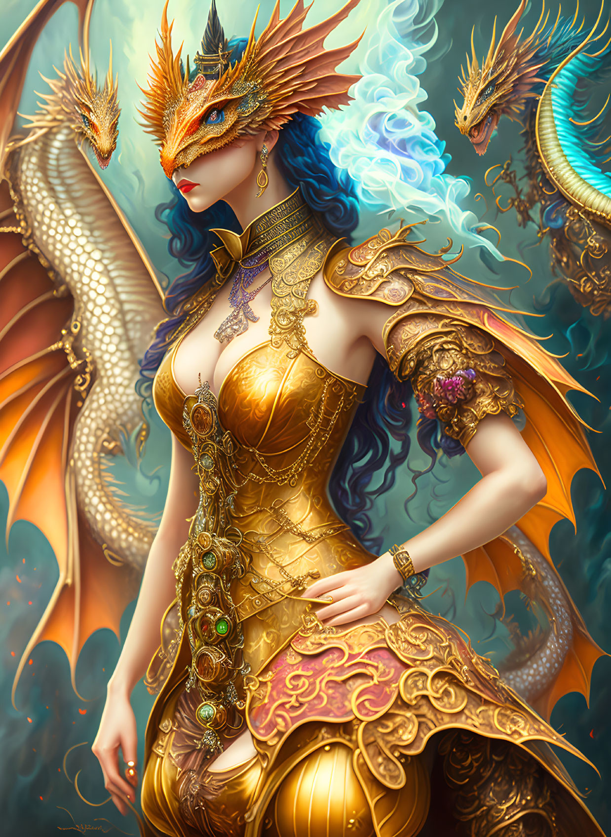 Fantastical woman with dragon features in golden armor and ethereal dragons in mythical scene