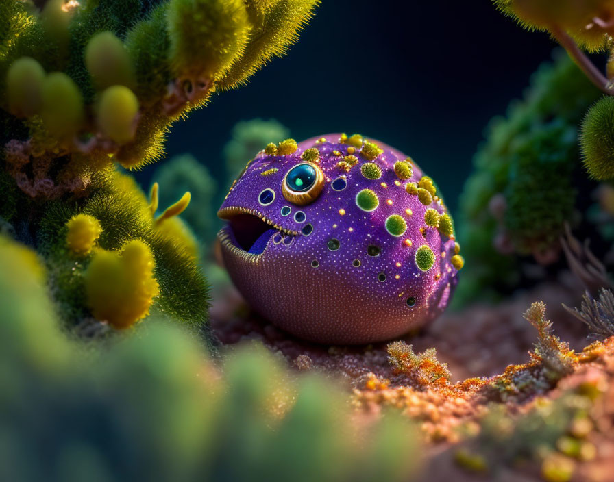 Purple Sea Urchin-Like Creature in Colorful Plant Setting