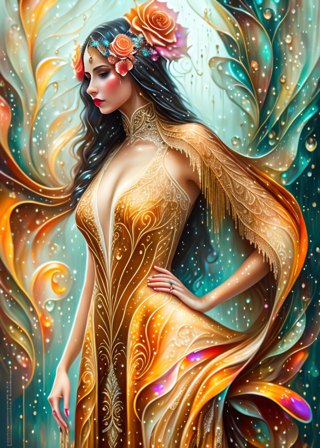 Ethereal woman in golden gown with floral headpiece