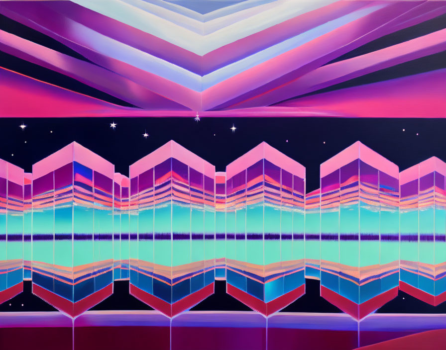 Symmetrical neon digital art with angular shapes on cosmic backdrop