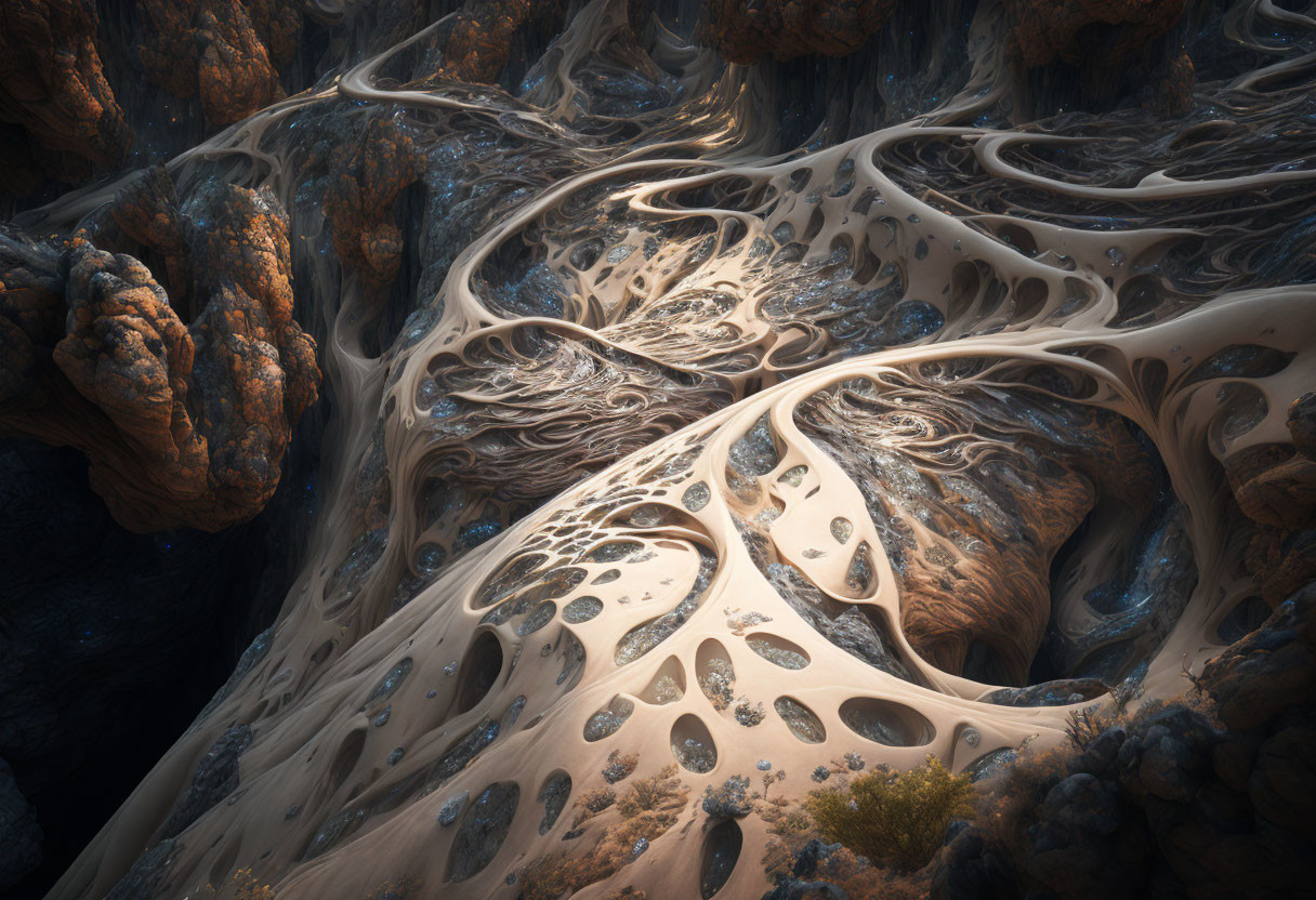 Fractal Landscape: Creamy Swirling Patterns & Rugged Brown Textures