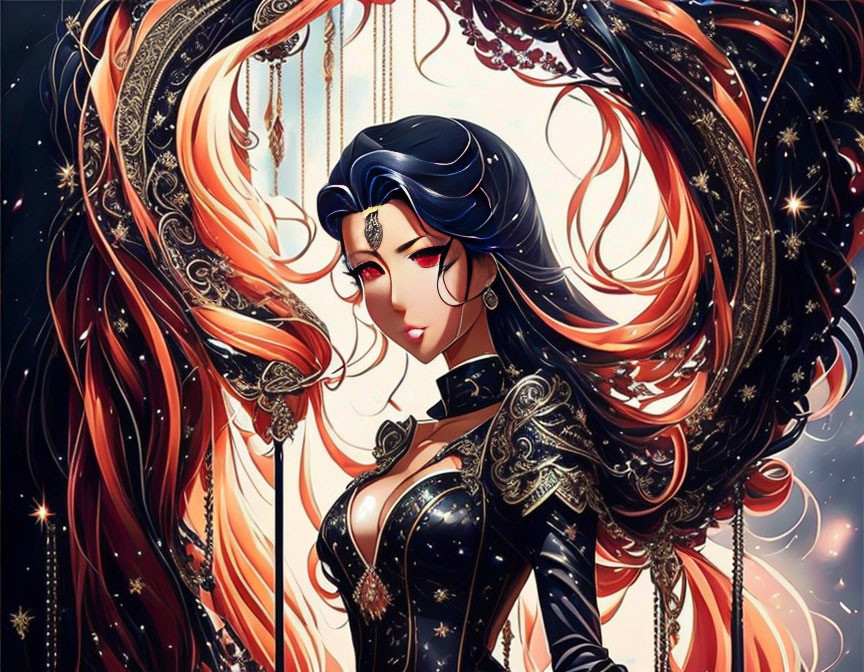 Illustrated female figure in black and orange armor among stars and swirls