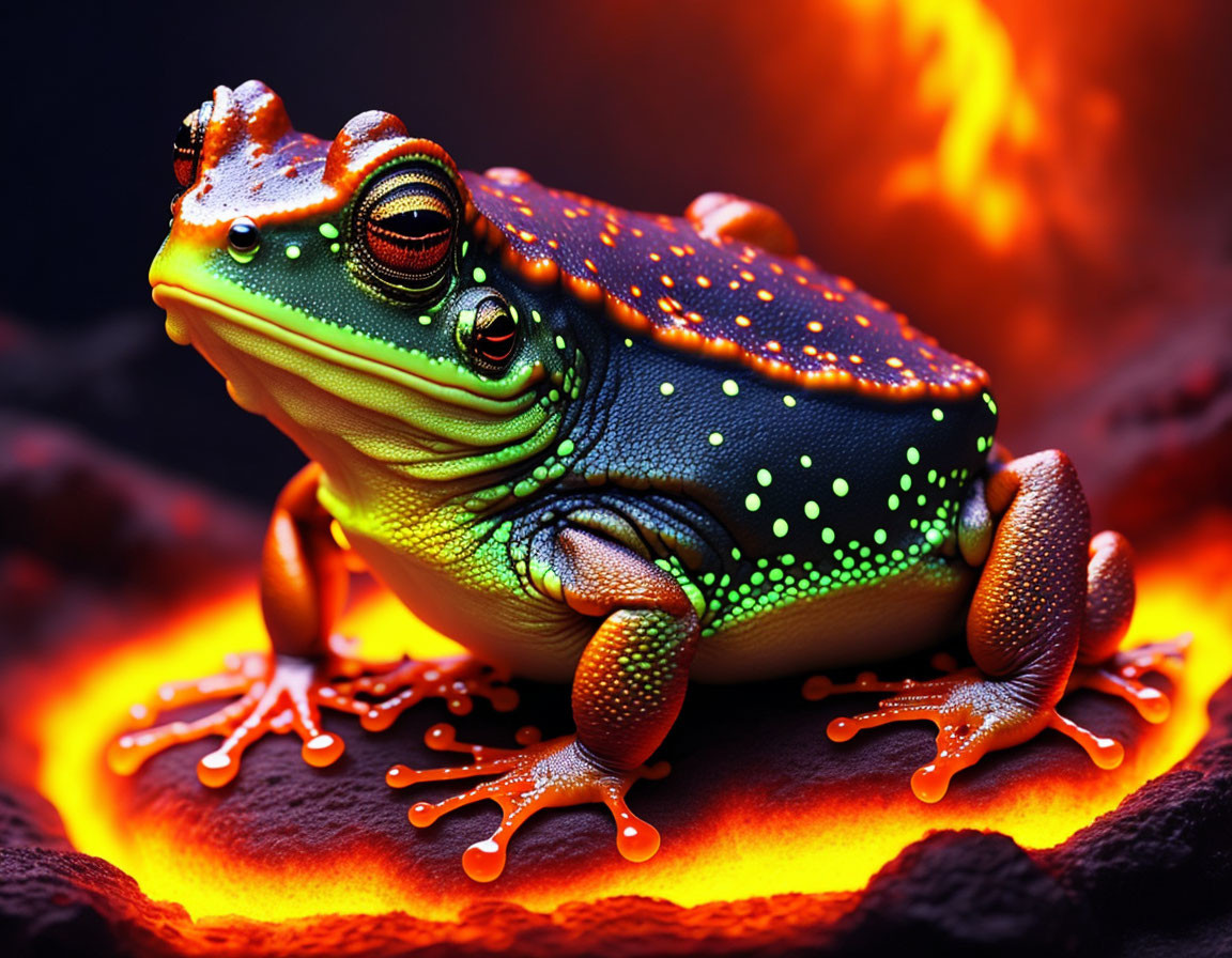 Colorful Frog on Molten Lava Background with Fiery Glow