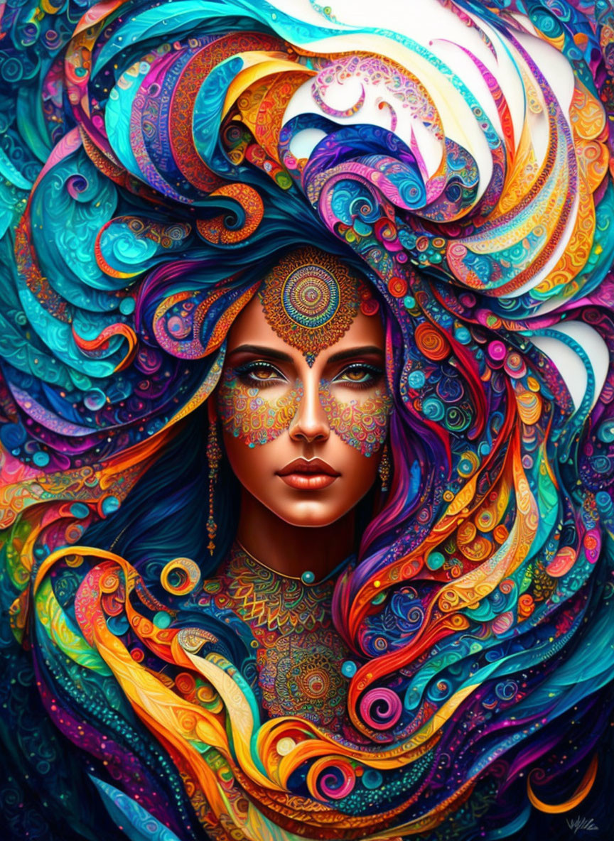 Colorful digital artwork: Woman with swirling blue and orange hair and intricate patterns.