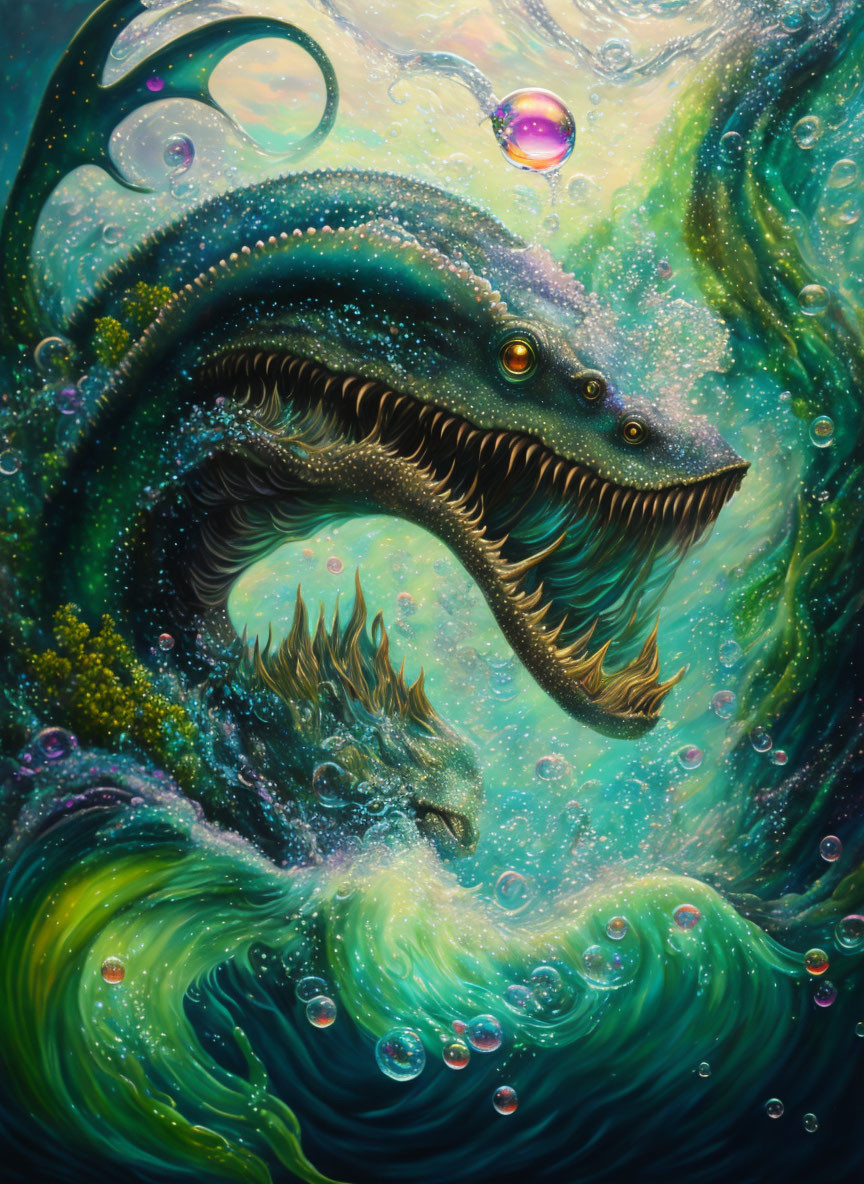 Colorful Painting of Fantastical Sea Serpent in Ocean Waves