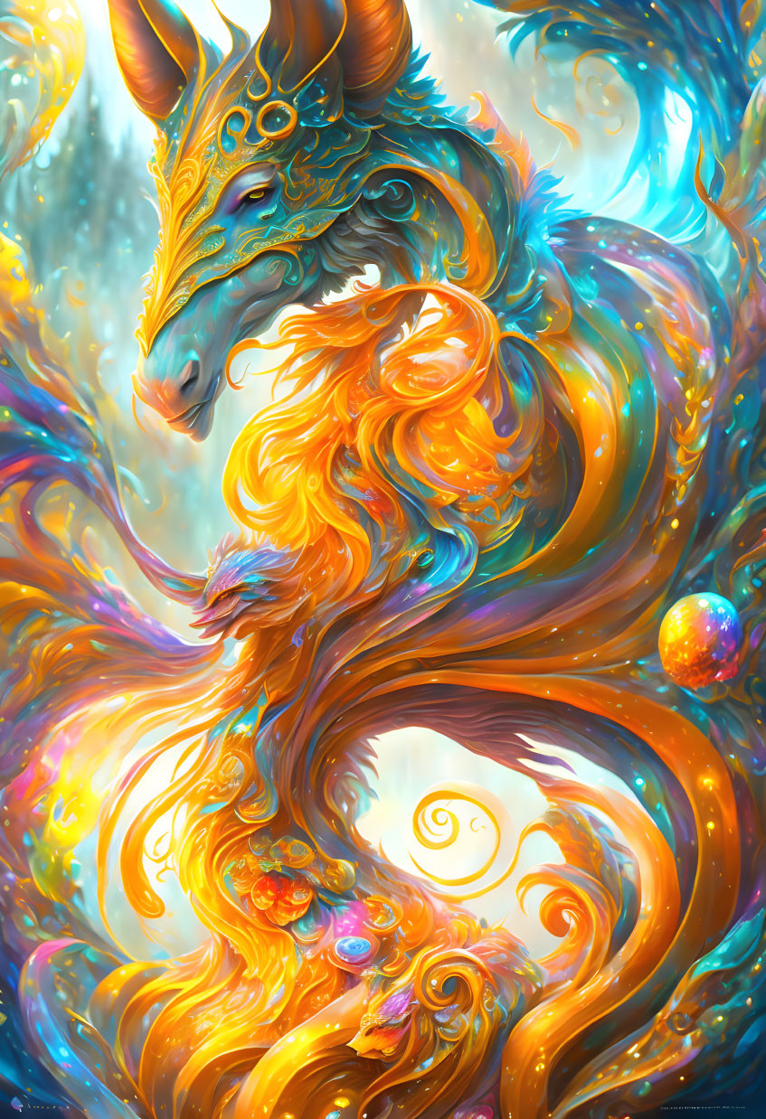 Colorful Mythical Dragon with Ornate Details on Luminous Background