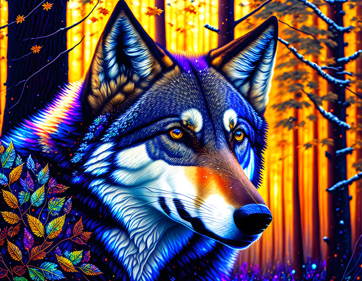 Colorful digital artwork: Wolf with blue eyes in neon-lit forest