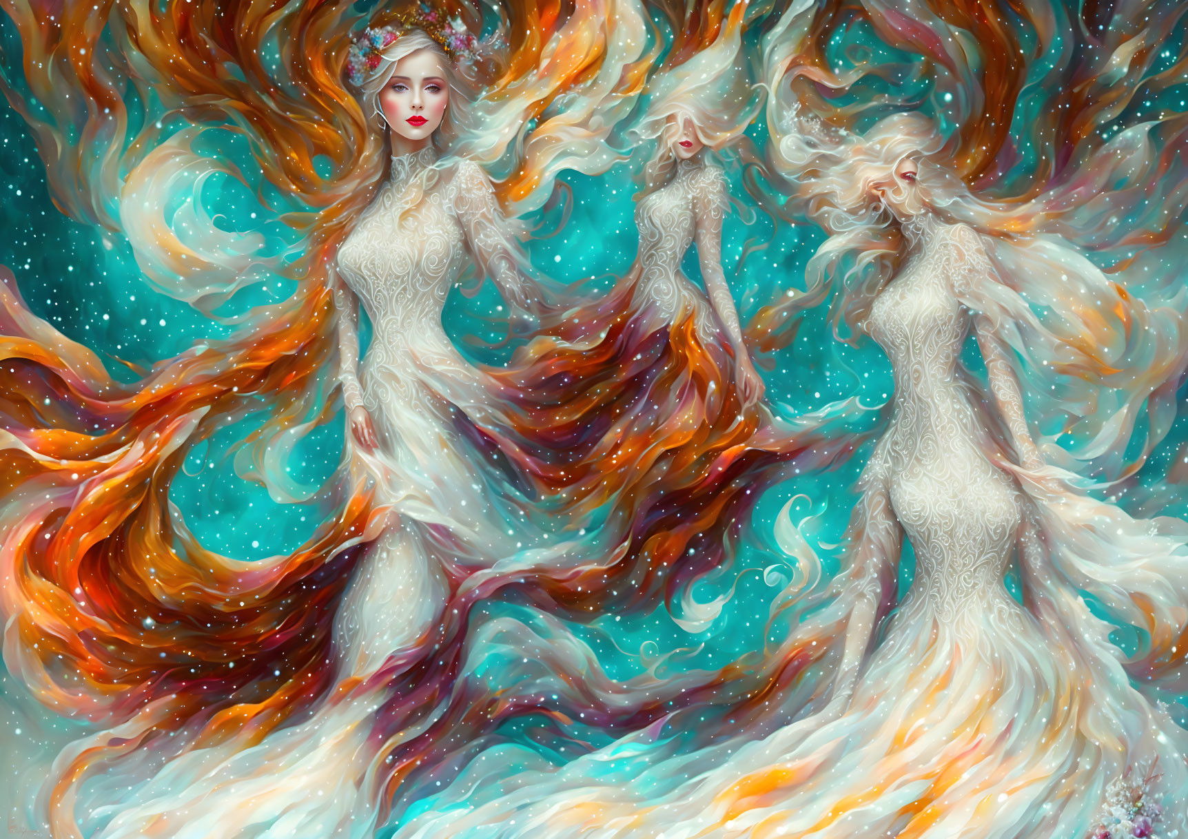 Ethereal figures with fiery and icy hair in cosmic setting