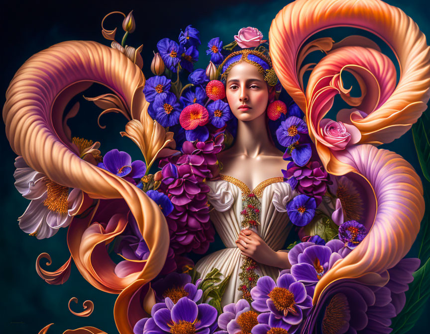 Colorful digital artwork featuring woman and floral designs