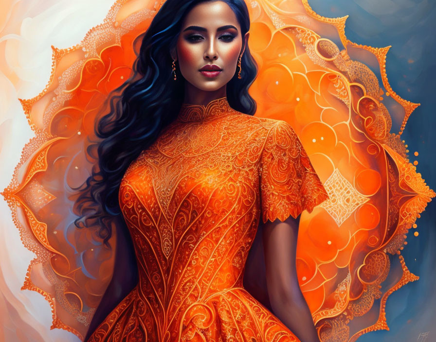Dark-haired woman in ornate orange dress with decorative backdrop
