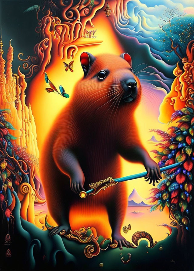 Colorful surreal artwork: Large rodent with golden key amidst fantastical elements