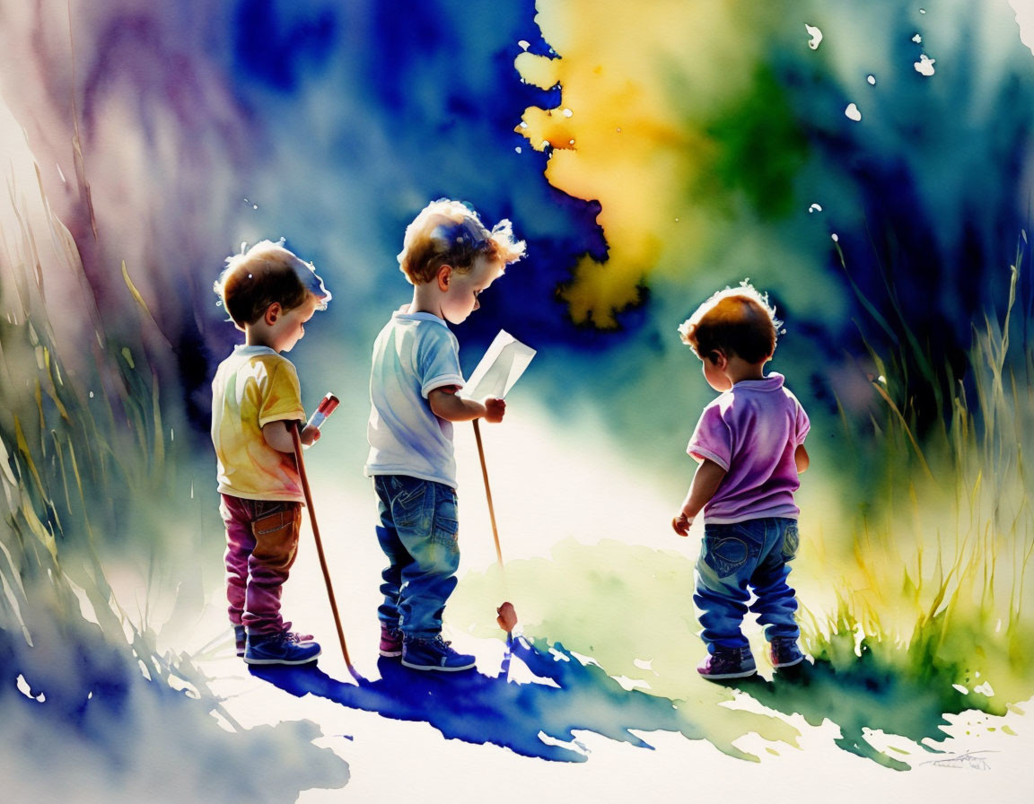Three children with a map in hand amid vibrant watercolor splotches