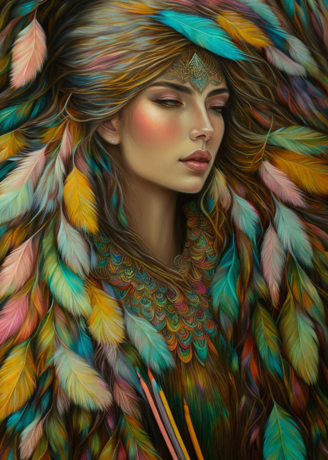 Colorful portrait of woman with feather-like hair and tribal jewelry