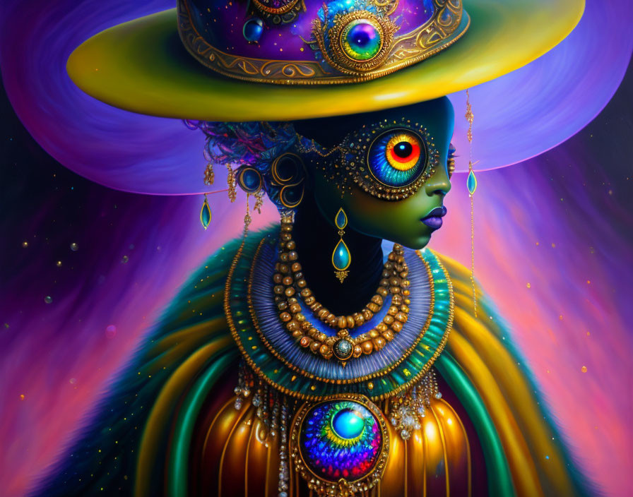 Vibrant digital art: stylized female figure with green skin and peacock feather motif on cosmic
