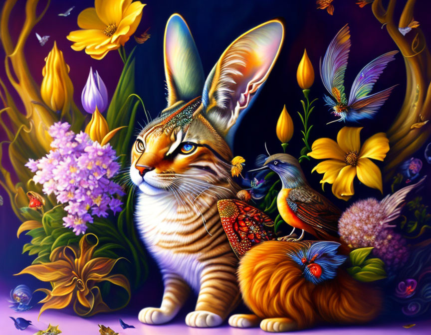 Colorful fantasy creature with cat body, rabbit ears, butterfly wings, flowers, and bird.