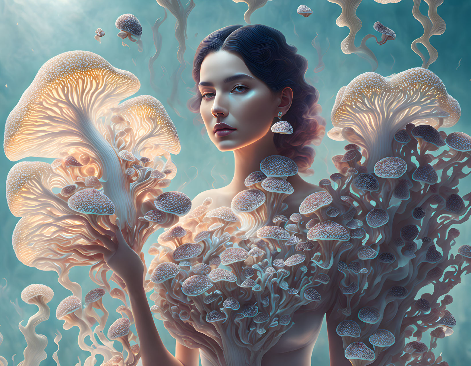 Surreal portrait of woman with jellyfish-like structures on teal background