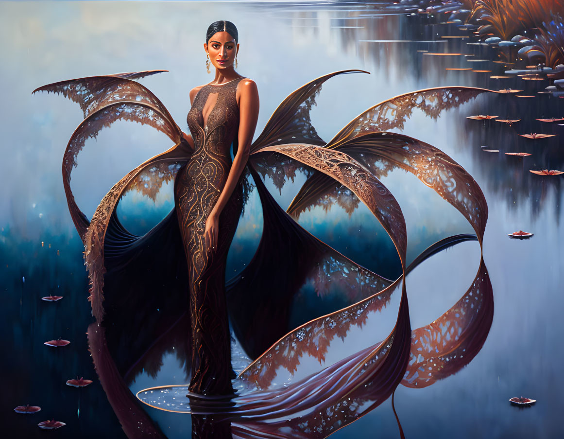 Elegant woman in fantasy landscape with wing-like dress by serene water