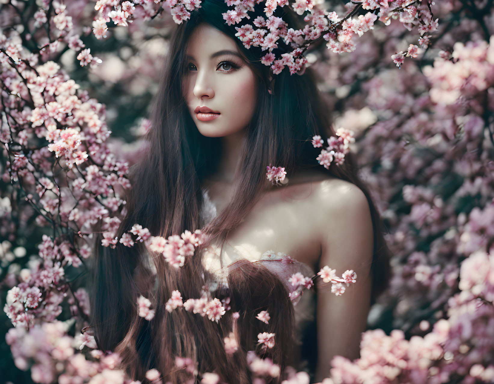 Long-Haired Woman Among Pale Pink Cherry Blossoms